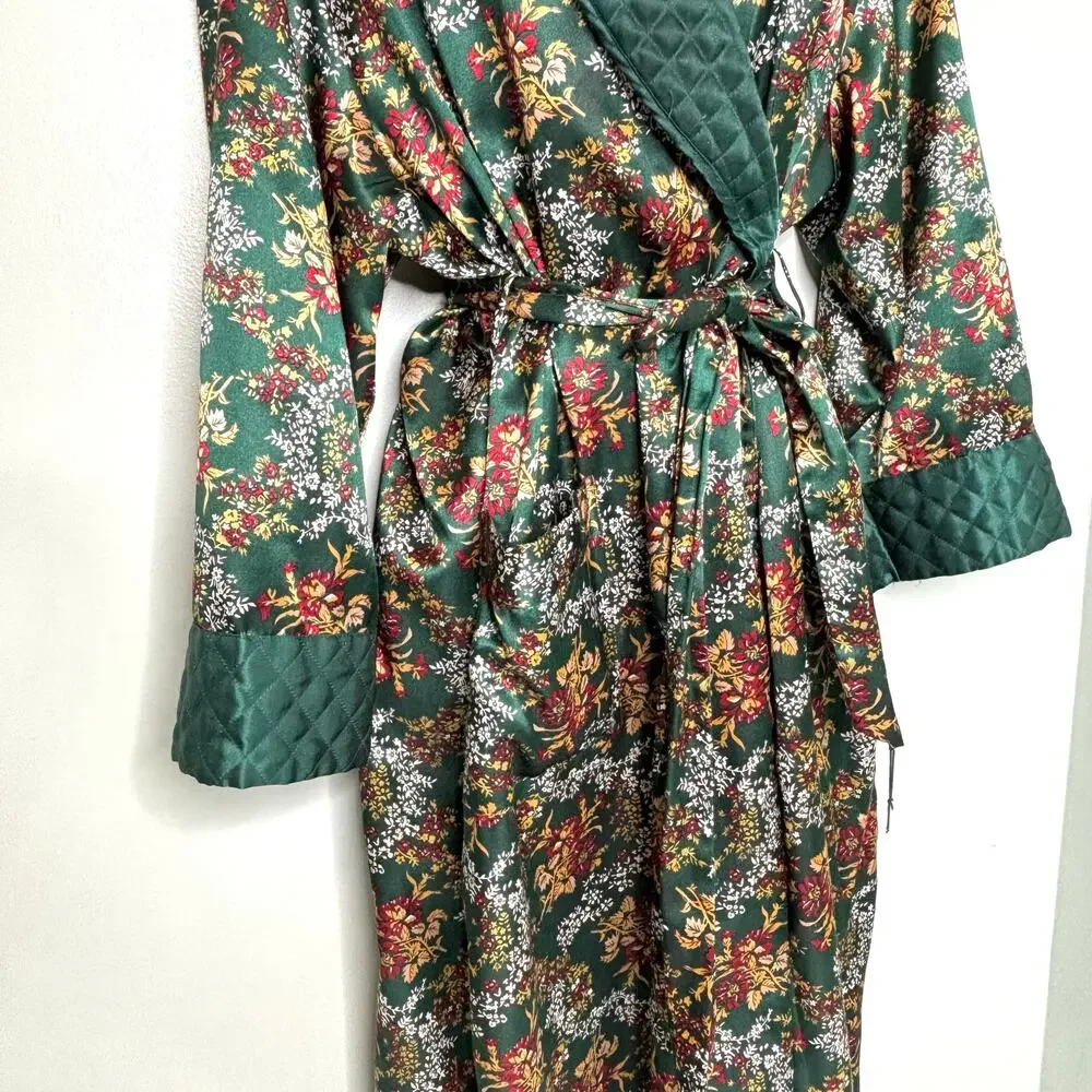 Victorias Secret Vintage Gold Label Long Belted Floral Robe Quilted Collar M/L